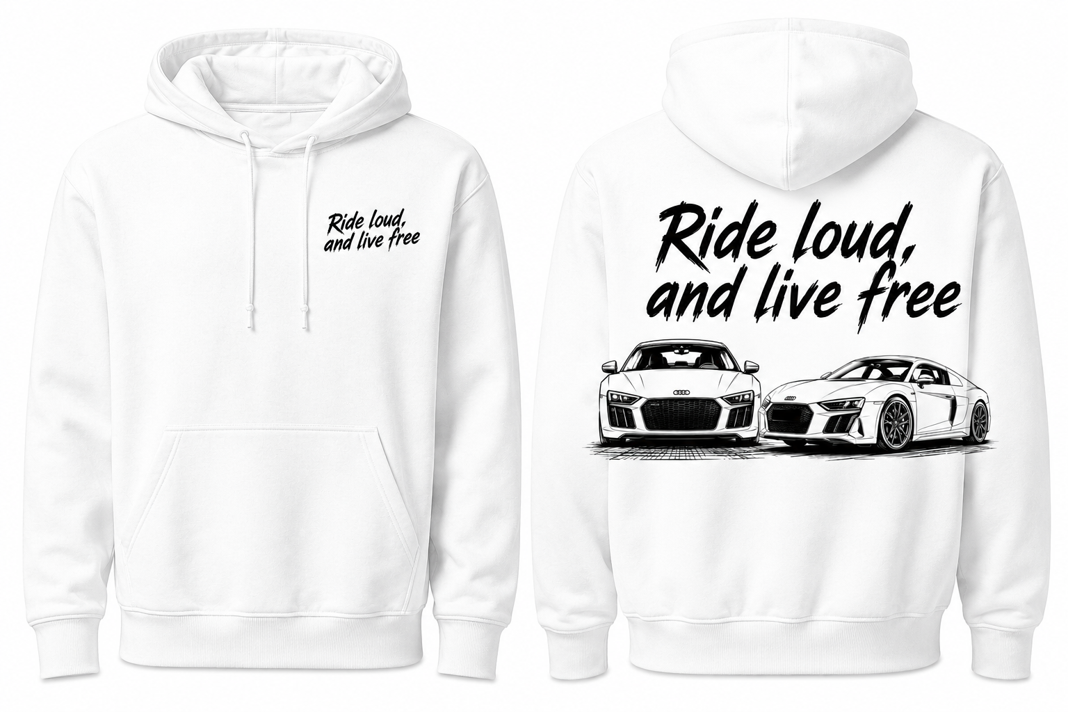 Audi R8 white hoodie “Ride loud, Live free