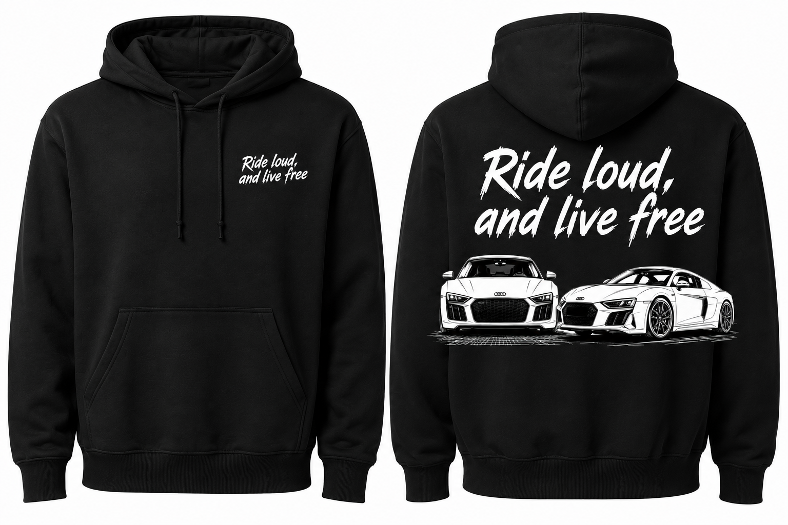 Audi R8 black hoodie “Ride loud, Live free”