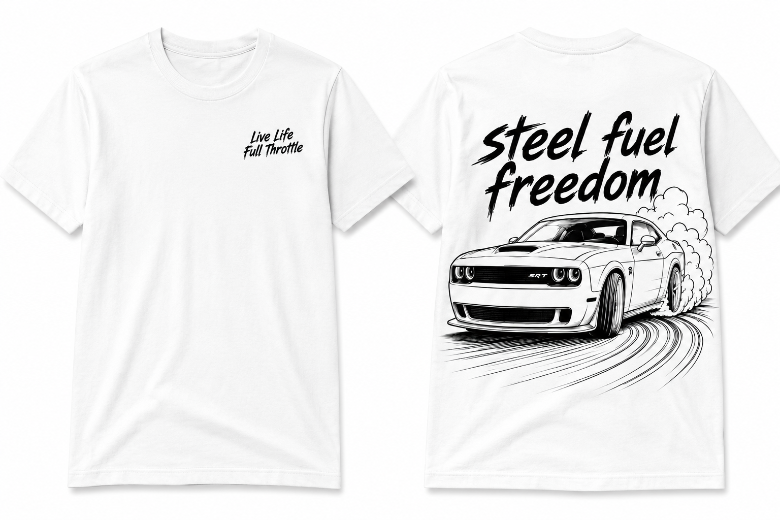 Dodge Hellcat SRT white T shirt “steel fuel freedom”
